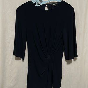 Dkny Navy Blue 3/4 Flutter Sleeve Side Gathered Top - XS